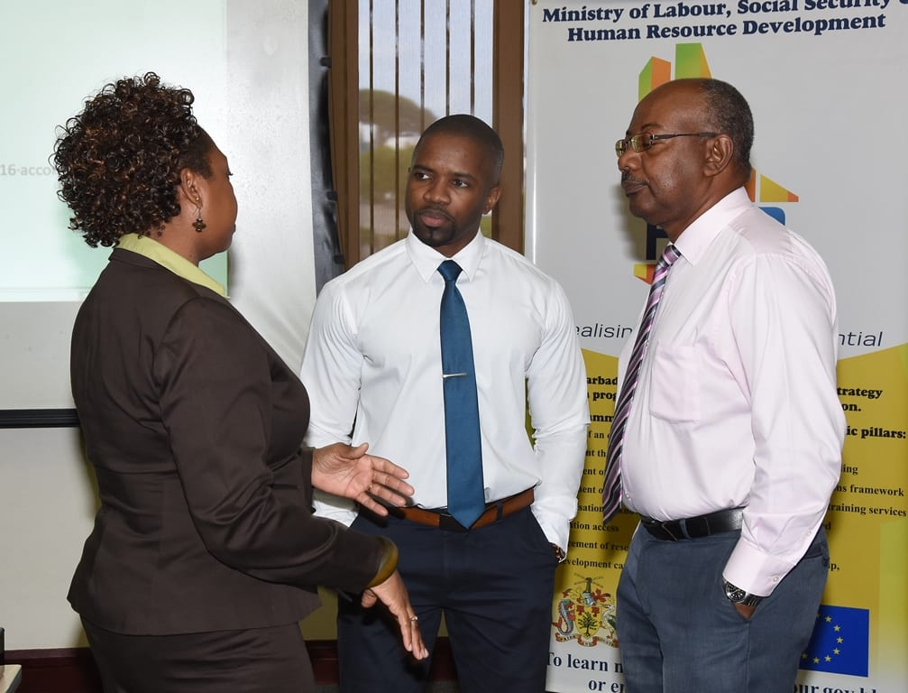 Programme Officer in the HRDS Unit of the Ministry of Labour, Moreen Bowen, discussing the update of BARSOC with local consultants Shane Howell (centre) and Peter Downes of Profiles Caribbean Inc. (C.Pitt/BGIS)