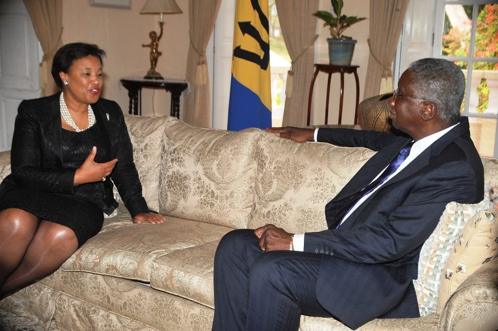 Prime Minister Freundel Stuart listens attentively to Secretary-General of the Commonwealth, Baroness Patricia Scotland during their meeting at Ilaro Court. (A.Miller/BGIS)