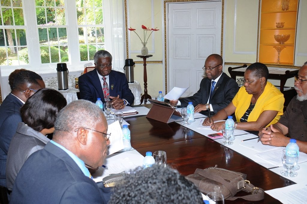 Prime Minister Freundel Stuart chairing the meeting of reparation stakeholders at Ilaro Court recently. (B.Hinds/BGIS)