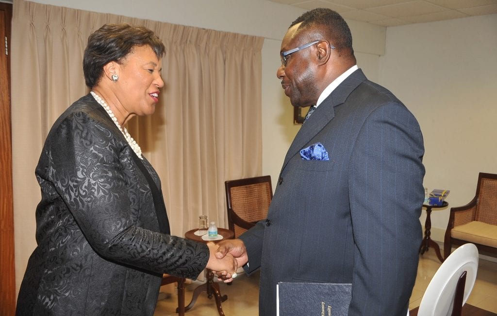 Acting Minister of Foreign Affairs and Foreign Trade, Steve Blackett greeting Commonwealth Secretary-General, Baroness Patricia Scotland at the start of their meeting. (A.Miller/BGIS)