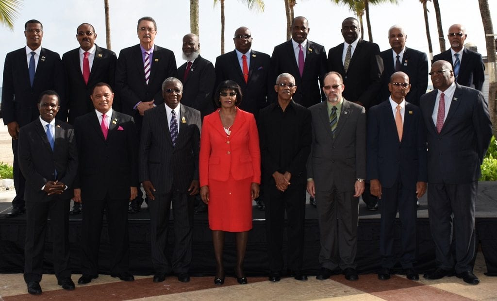 CARICOM Heads of Government and Secretary-General, Ambassador Irwin LaRocque pose for the official photo at the 36th meeting in Bridgetown, Barbados last year. (FP)