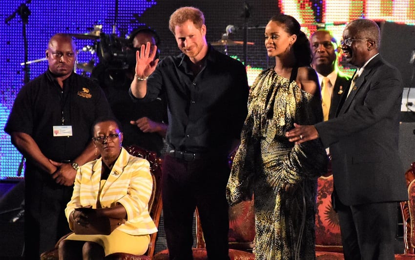 His Royal Highness Prince Henry of Wales waving to the crowd at the Golden Anniversary Spectacular Mega Concert at Kensington Oval. Also pictured on stage were (from left to right) Minister of Foreign Affairs and Foreign Trade, Senator Maxine McClean (seated); Barbadian pop superstar, Rihanna and Prime Minister Freundel Stuart.(C.Pitt/BGIS)